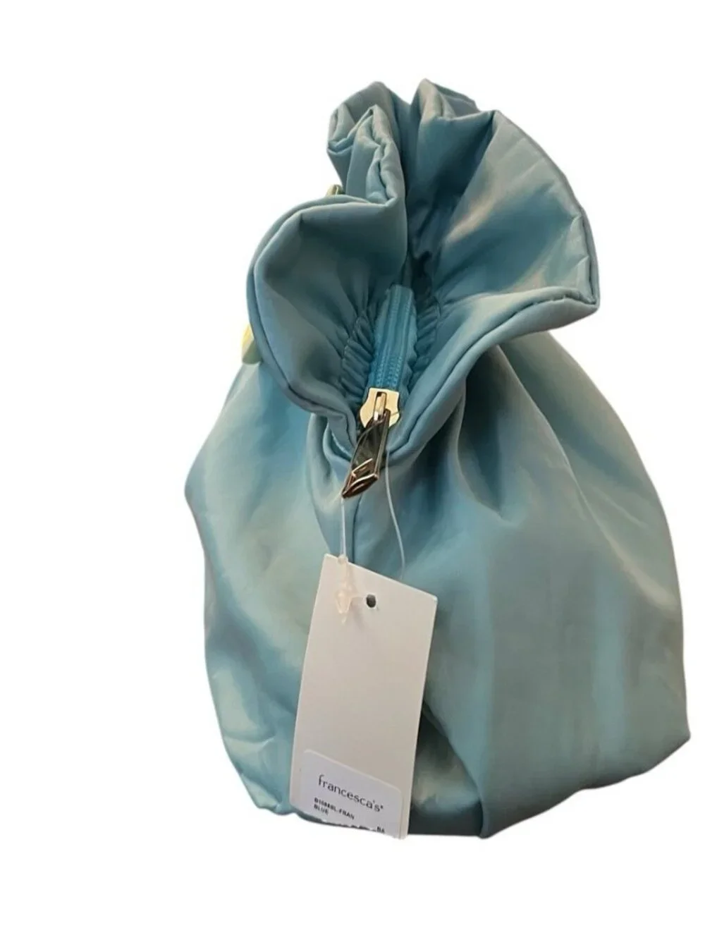 Turquoise Blue Satin Cosmetic Bag Makeup Purse Ruffle Bow Zips Soft Shell New
